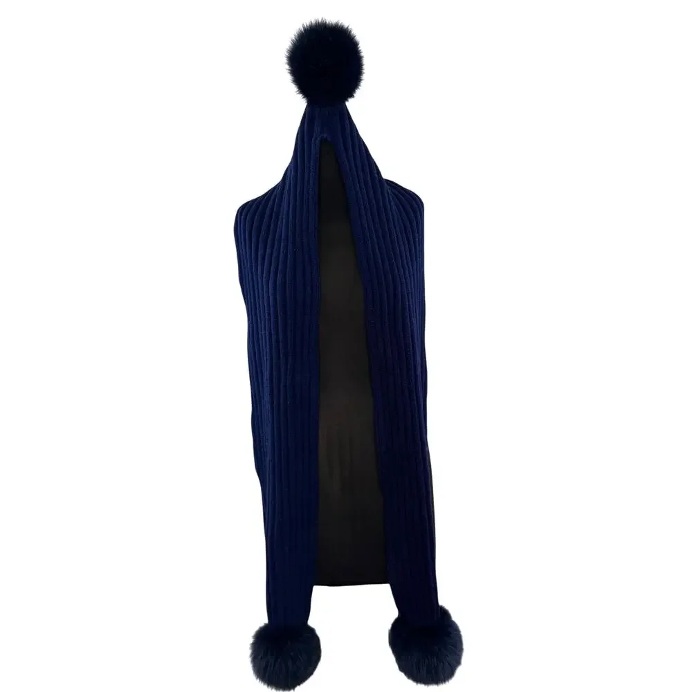 REGINA Italian Navy Blue Scarf Hood Hat Set Cashmere Wool Fur Pom Cable Knit NEW